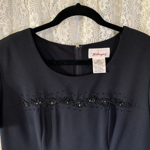 Worthington Black Lined Long Dress‎ Round Neck Short Sleeve Beaded Design Size 8 - Picture 9 of 9